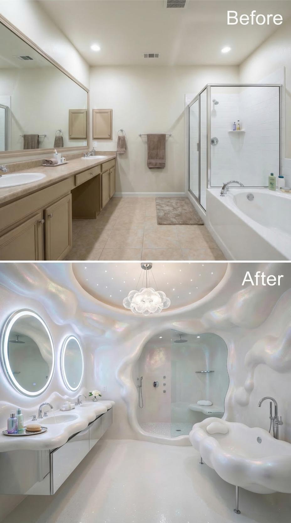 Sculptural White Plaster Walls, Oval Backlit Mirrors, and a Cloud-Form Tub Replace Tan Cabinets
