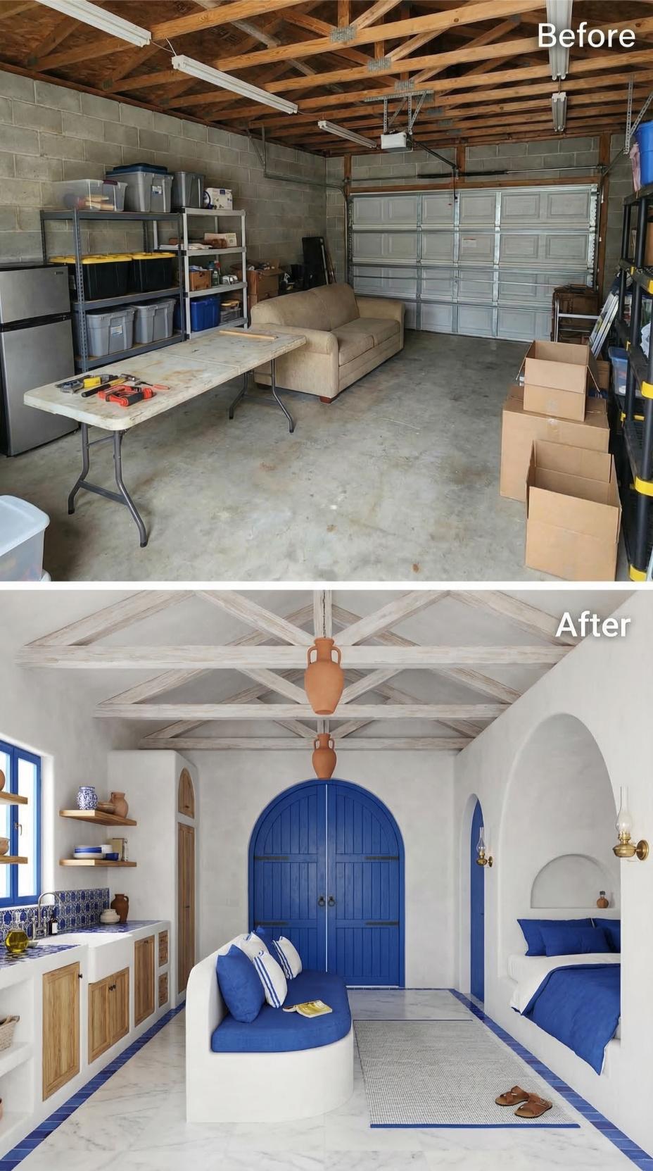 Whitewashed Trusses and Cobalt Blue Doors Gave One Junk-Filled Garage a Santorini Interior