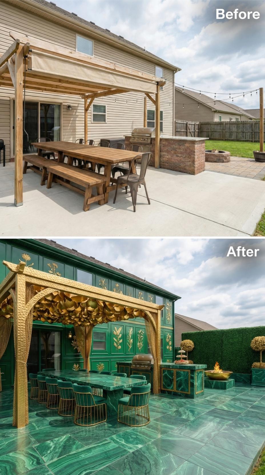 Gold Hammered Pergola with Malachite Tile and Emerald Velvet Chairs