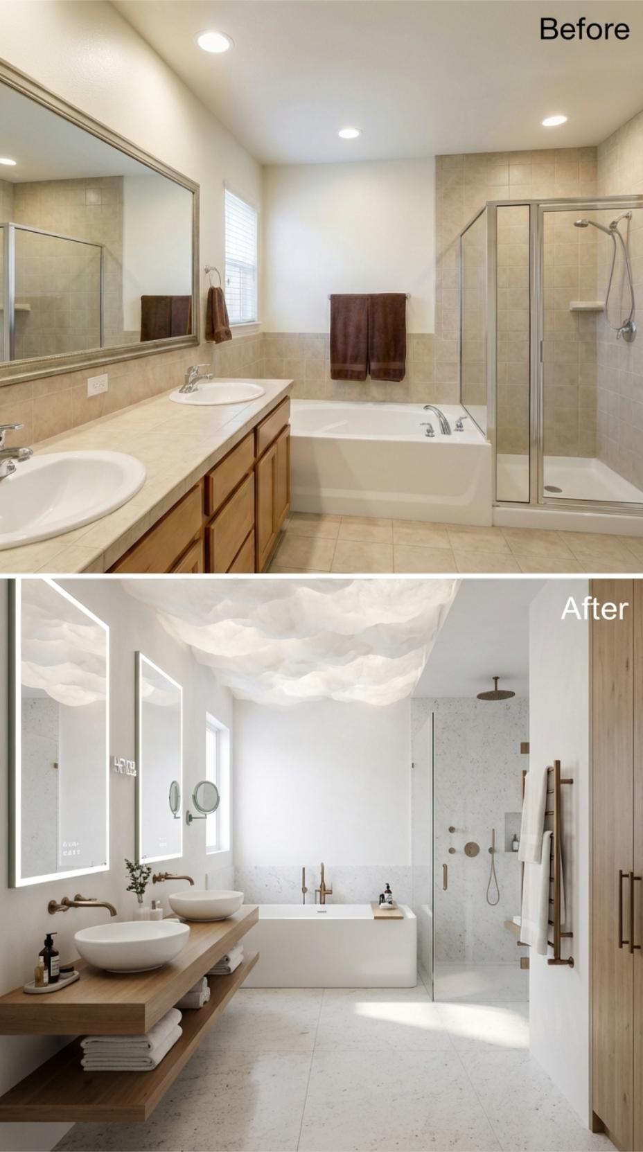 Vessel Sinks on Live-Edge Oak and a Sculptural Ceiling Finished Off Every Builder Fixture