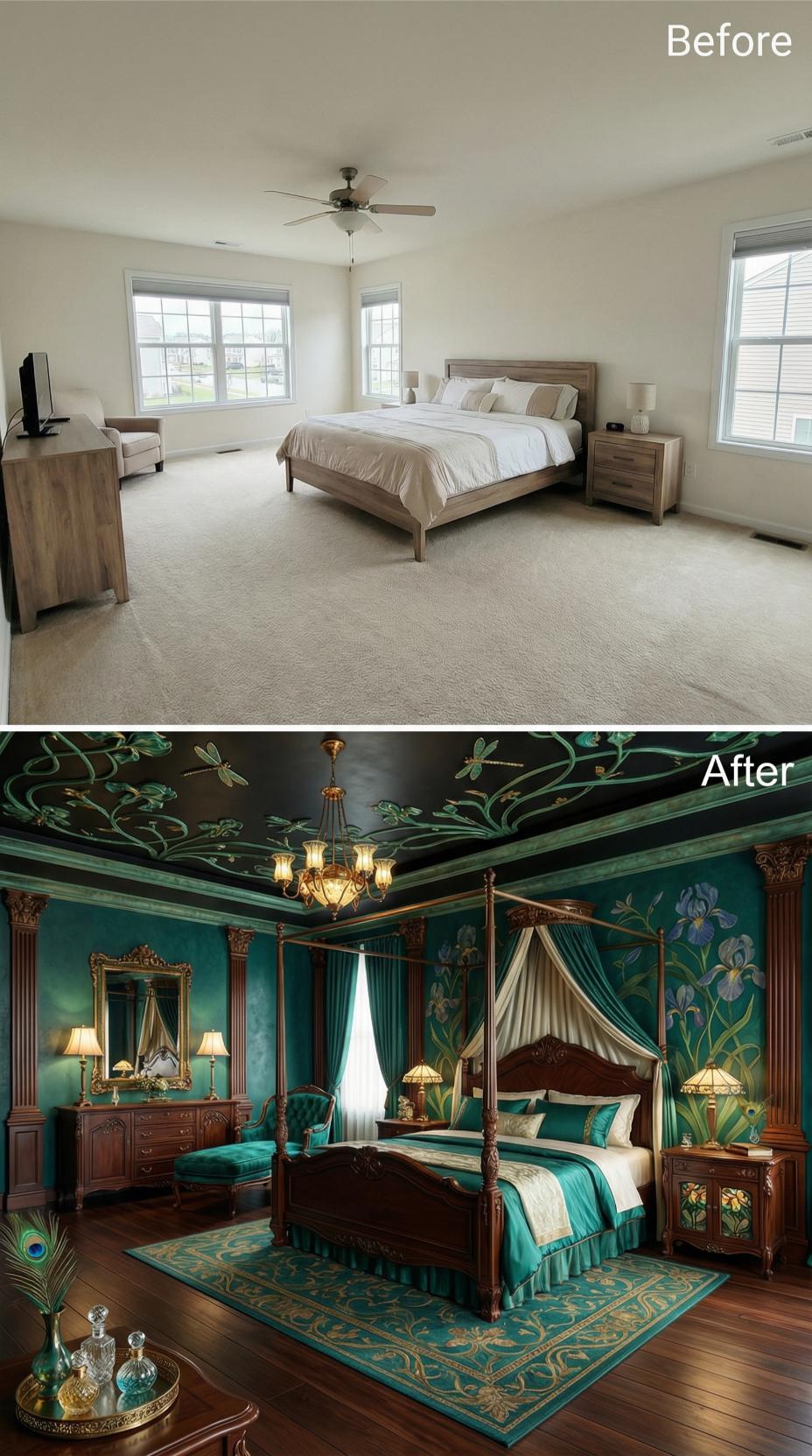 Teal Iris Wallpaper, Dark Painted Ceiling, and a Four-Poster Wrapped in Velvet