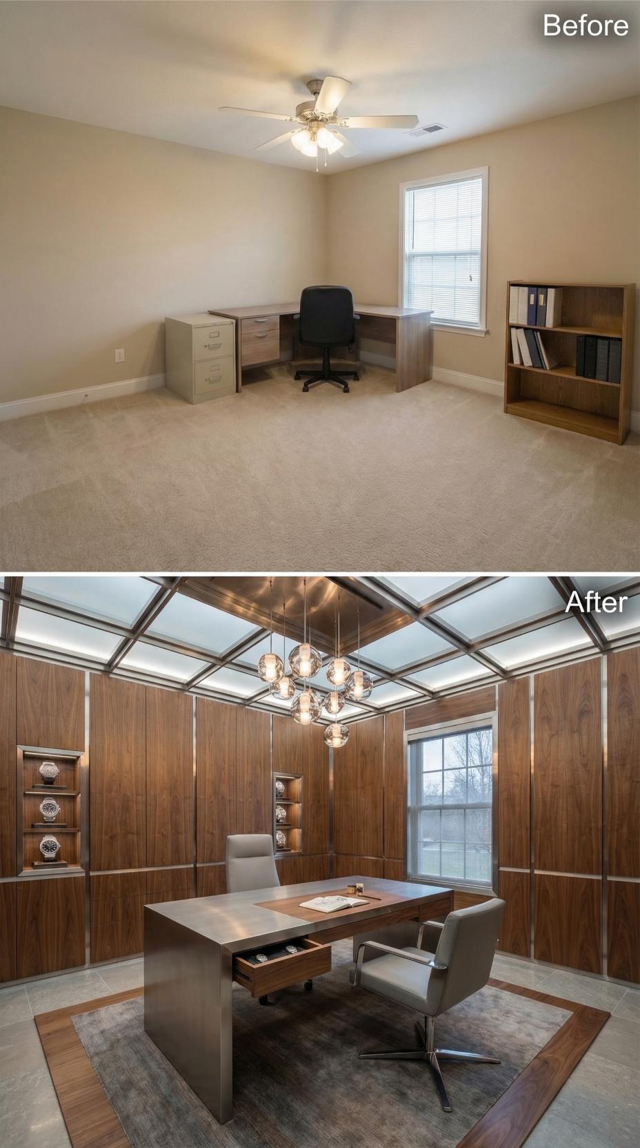 Walnut Panels and Coffered Skylight Replace Beige Builder Basics