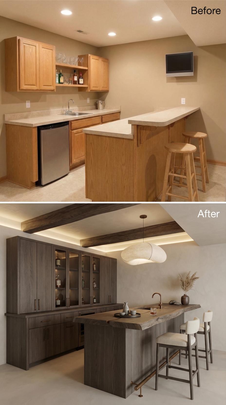 Walnut-Toned Cabinets and Tray Ceiling with Wood Beams Replace Oak Kitchenette