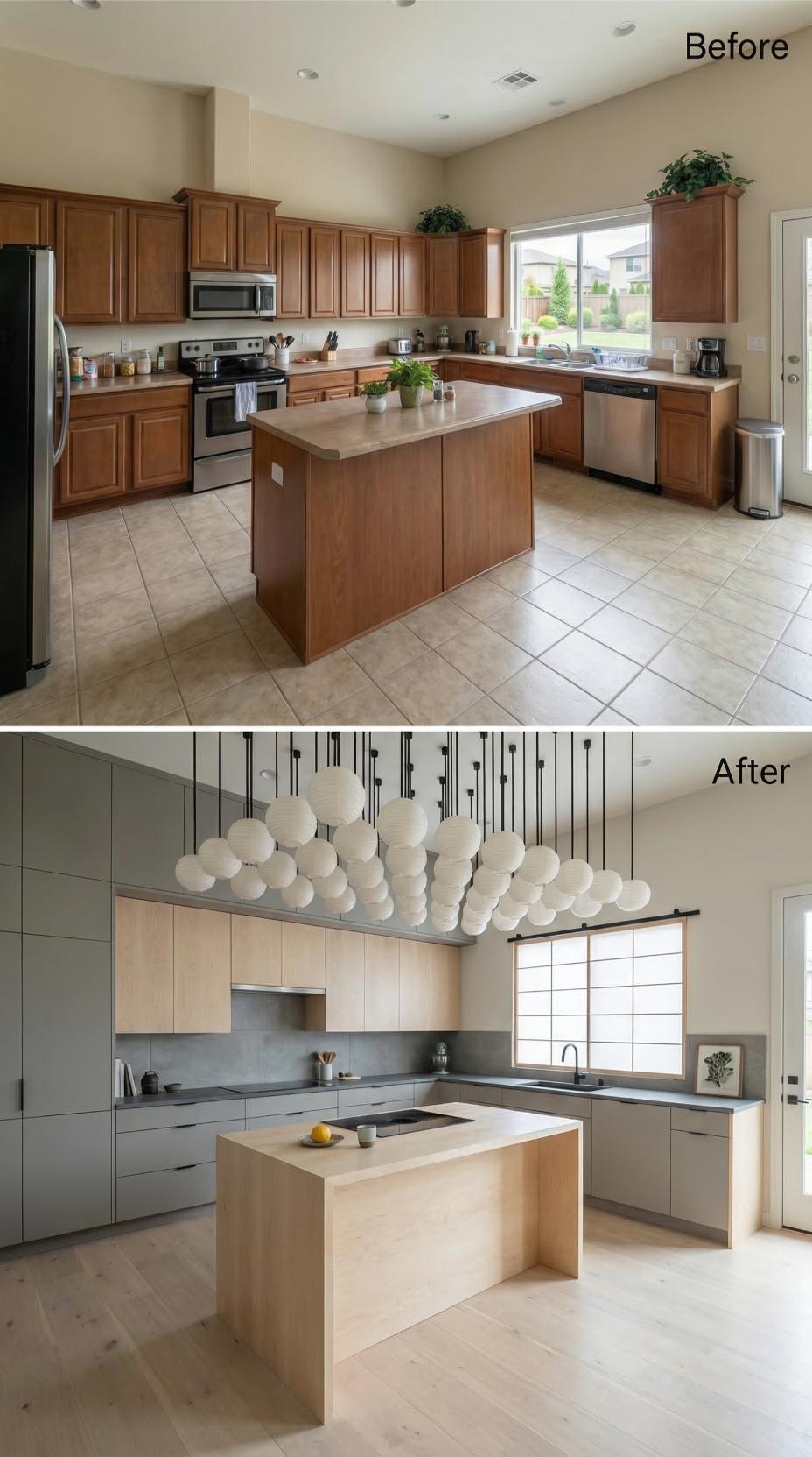 Bubble Chandelier and Two-Tone Minimalist Cabinets With Shoji Screen
