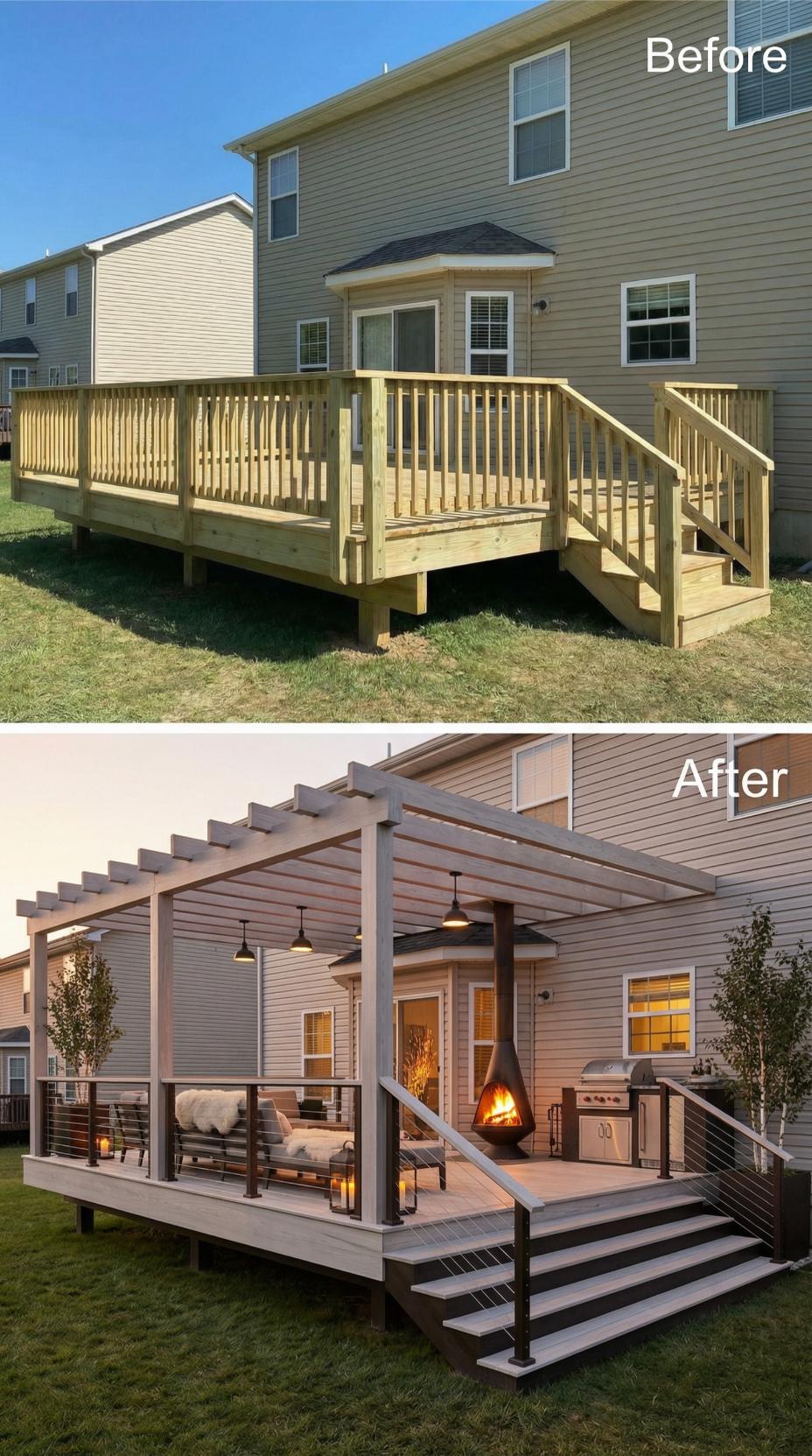 Wood Platform Reclad in Gray Composite with Pergola and Suspended Fireplace