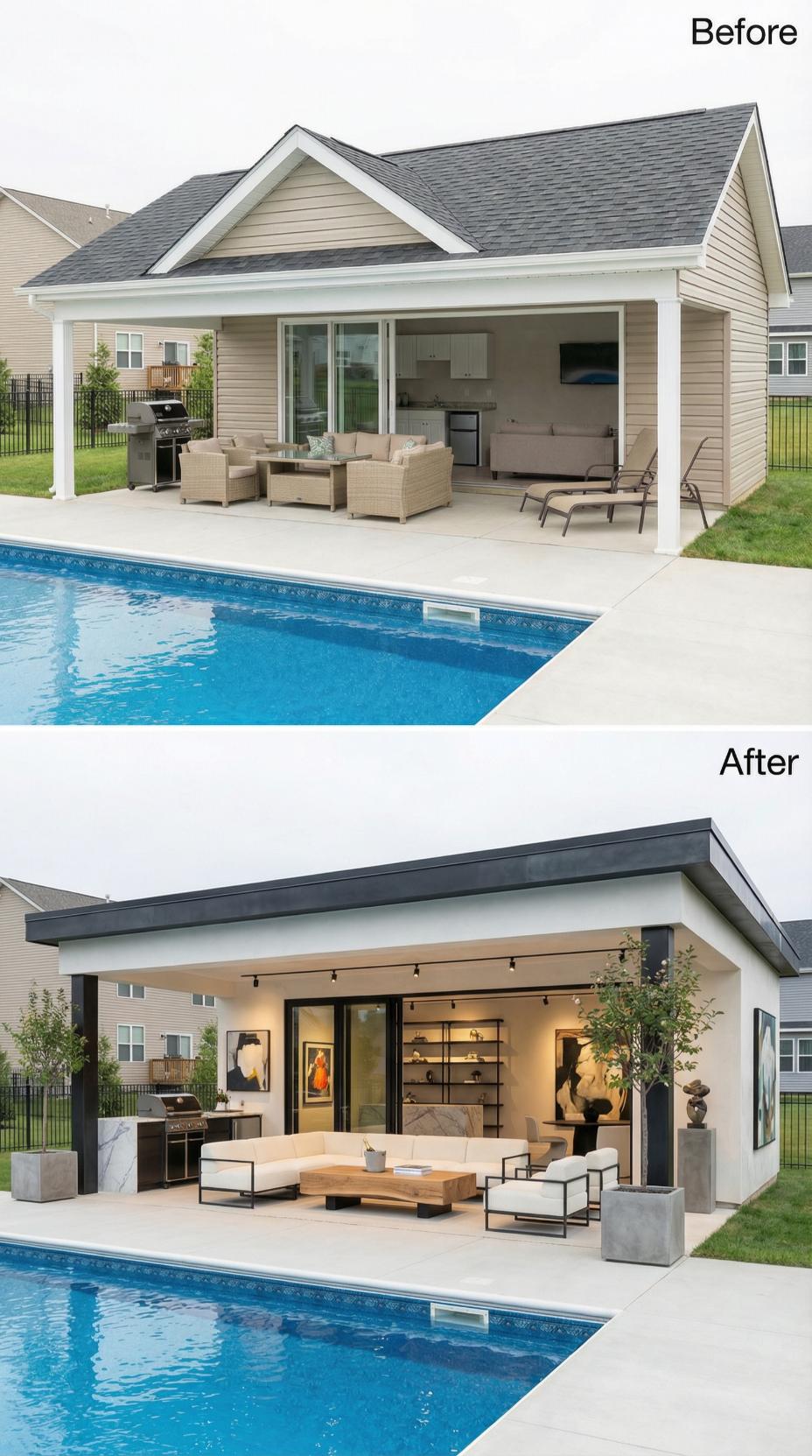 Modern Flat Roof with Steel Edging Replaces Gray Gabled Shingles
