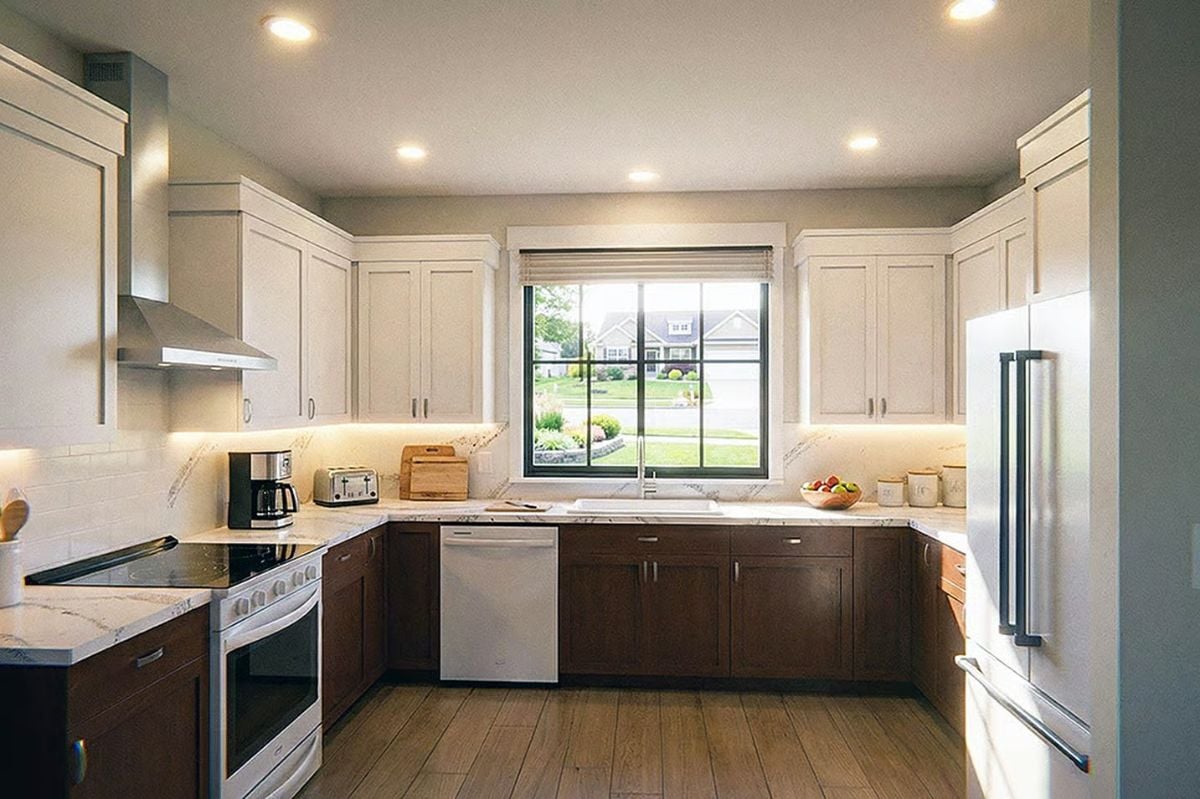 Two-Tone Kitchen with Dark Lower Cabinets and Creamy Upper Storage