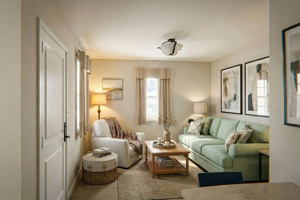 Cozy Living Room with Mint Green Sofa and Neutral Accents