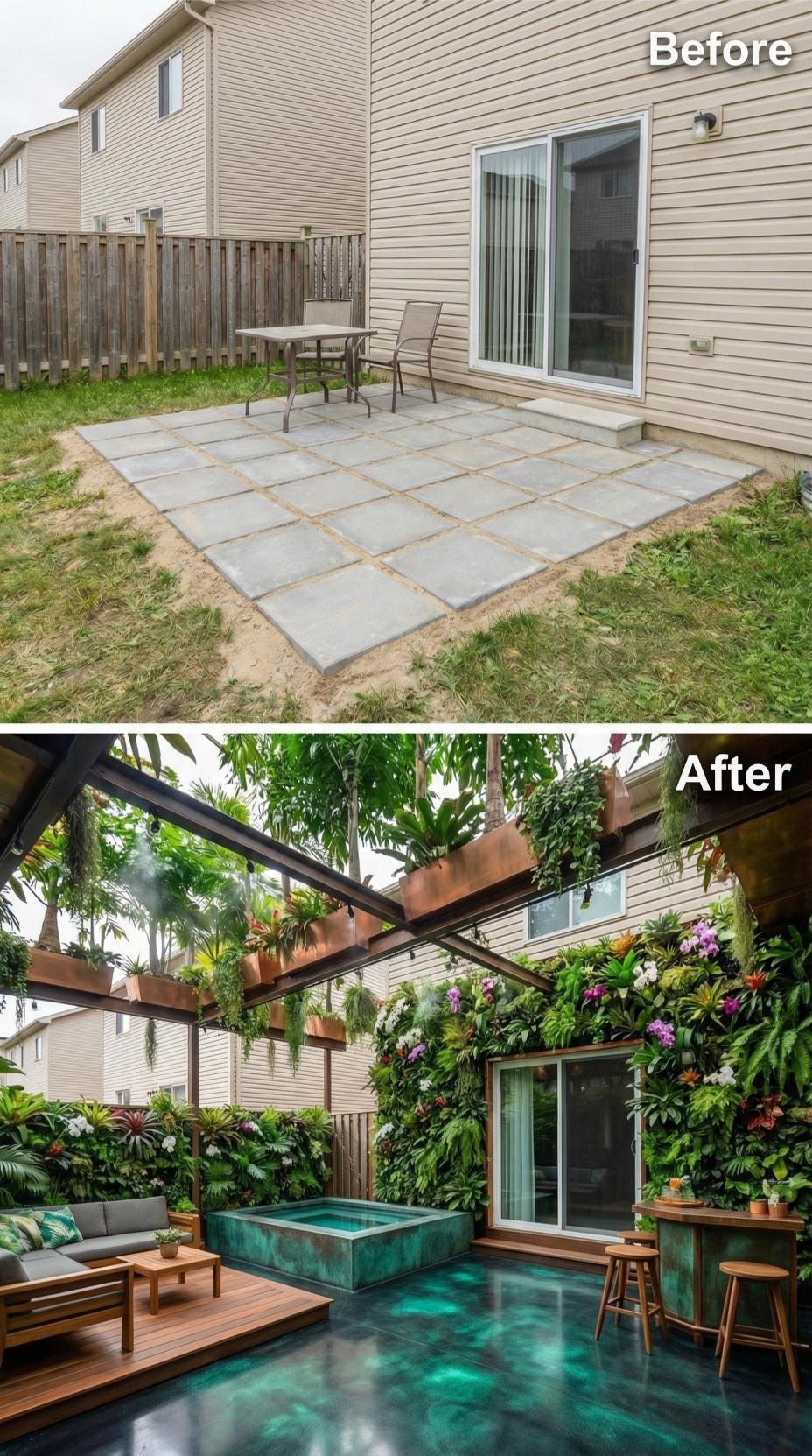 Tropical Greenhouse Structure with Vertical Garden Walls and Emerald Plunge Bath