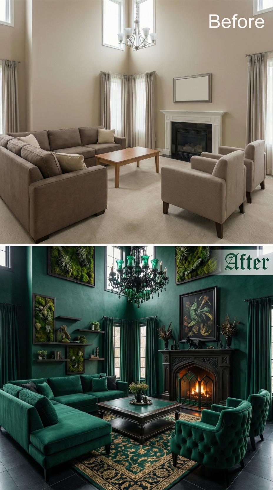 Emerald Velvet Sectional and Gothic Chandelier Displace Beige Uniformity