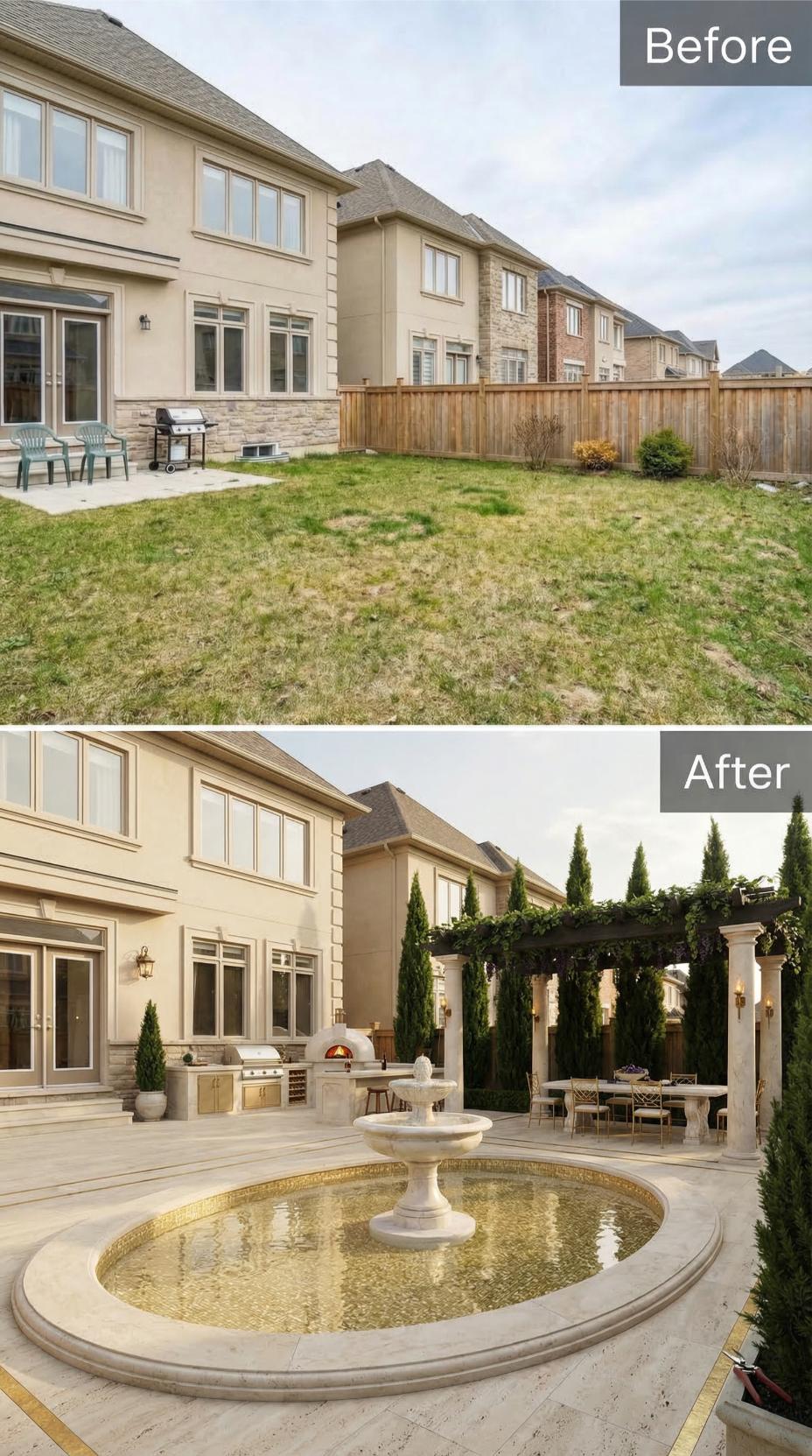 Travertine Courtyard, Wood-Vine Pergola, and a Gold-Tiled Fountain Replace a Patchy Lawn