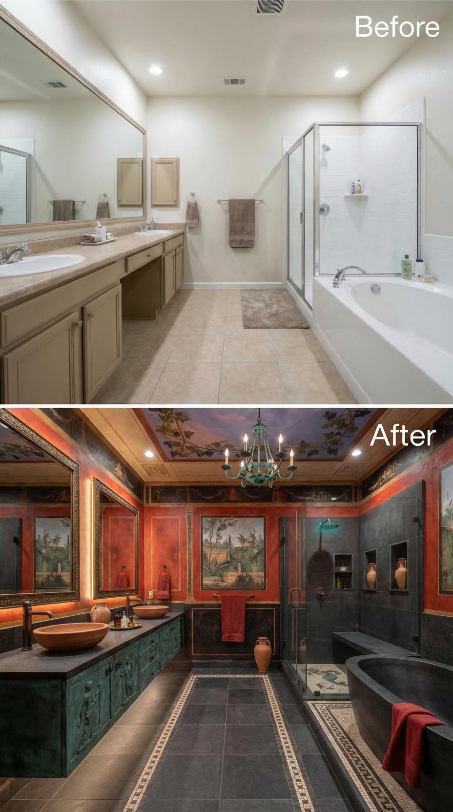 Pompeian Red Walls, a Ceiling Mural, and Slate Stone Replaced a Beige Double Vanity