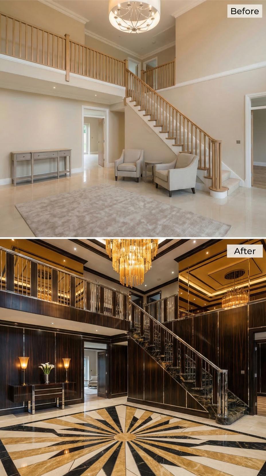 Gold Tiered Chandelier, Starburst Marble, and Dark Macassar Panels Consumed a Beige Builder Foyer