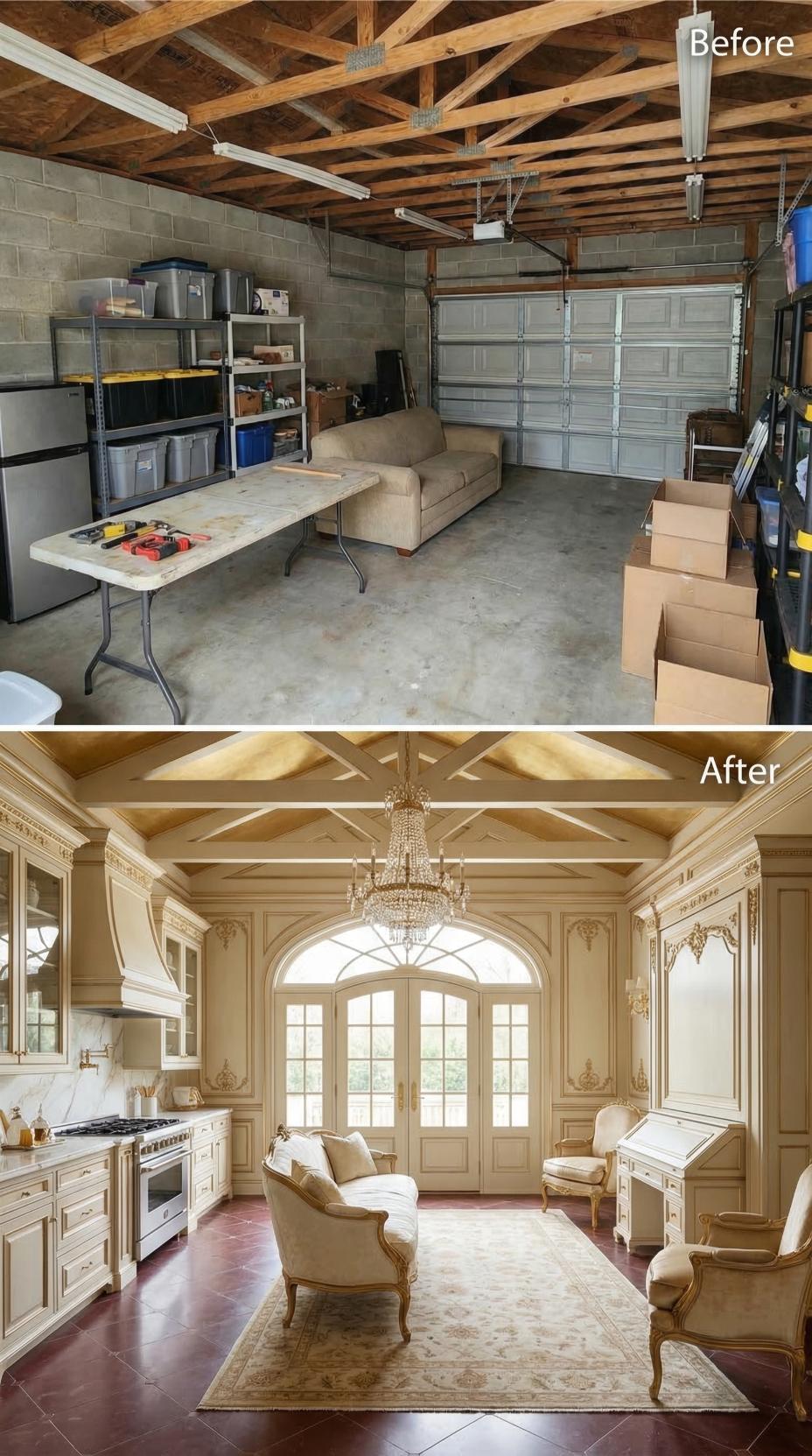 French Provincial Molding and a Crystal Chandelier Replaced Bare Cinder Block and a Folding Table