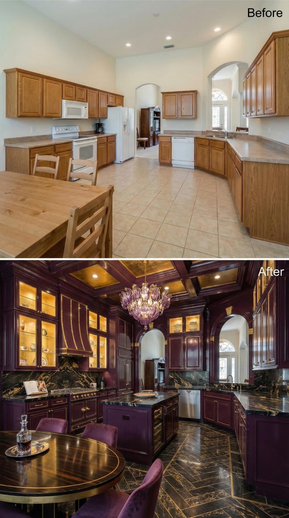 Plum Lacquer Cabinets and Black-Gold Marble Swap Builder Oak for Dark Regency Drama