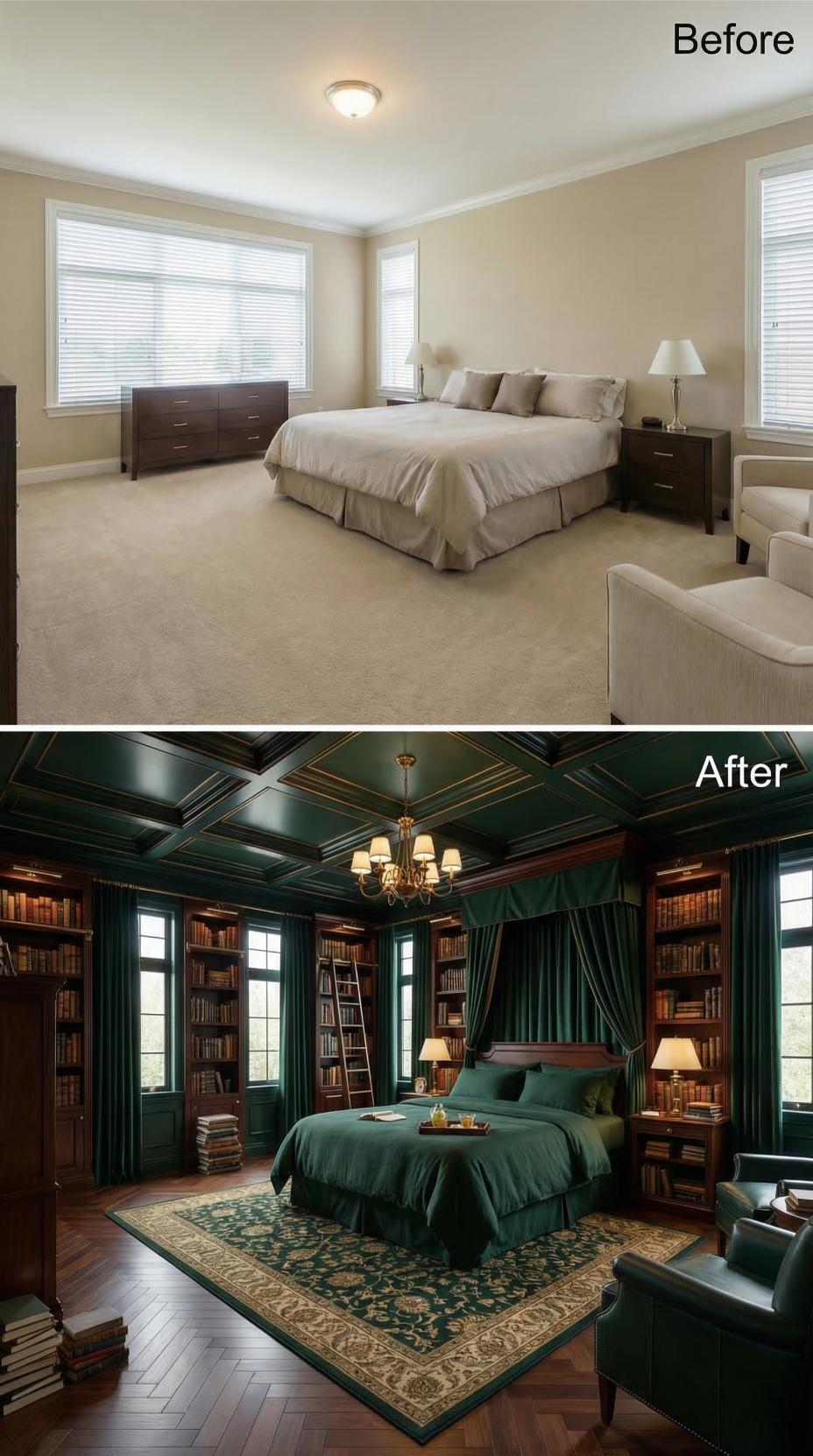 Forest-Green Velvet Canopy and Coffered Ceiling Replaced Beige Carpet and Flush Mount