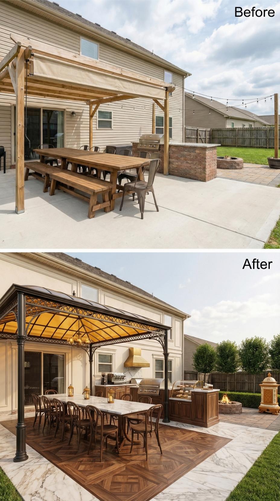 Ornamental Cast Iron Gazebo with Amber Stained Glass and Herringbone Deck