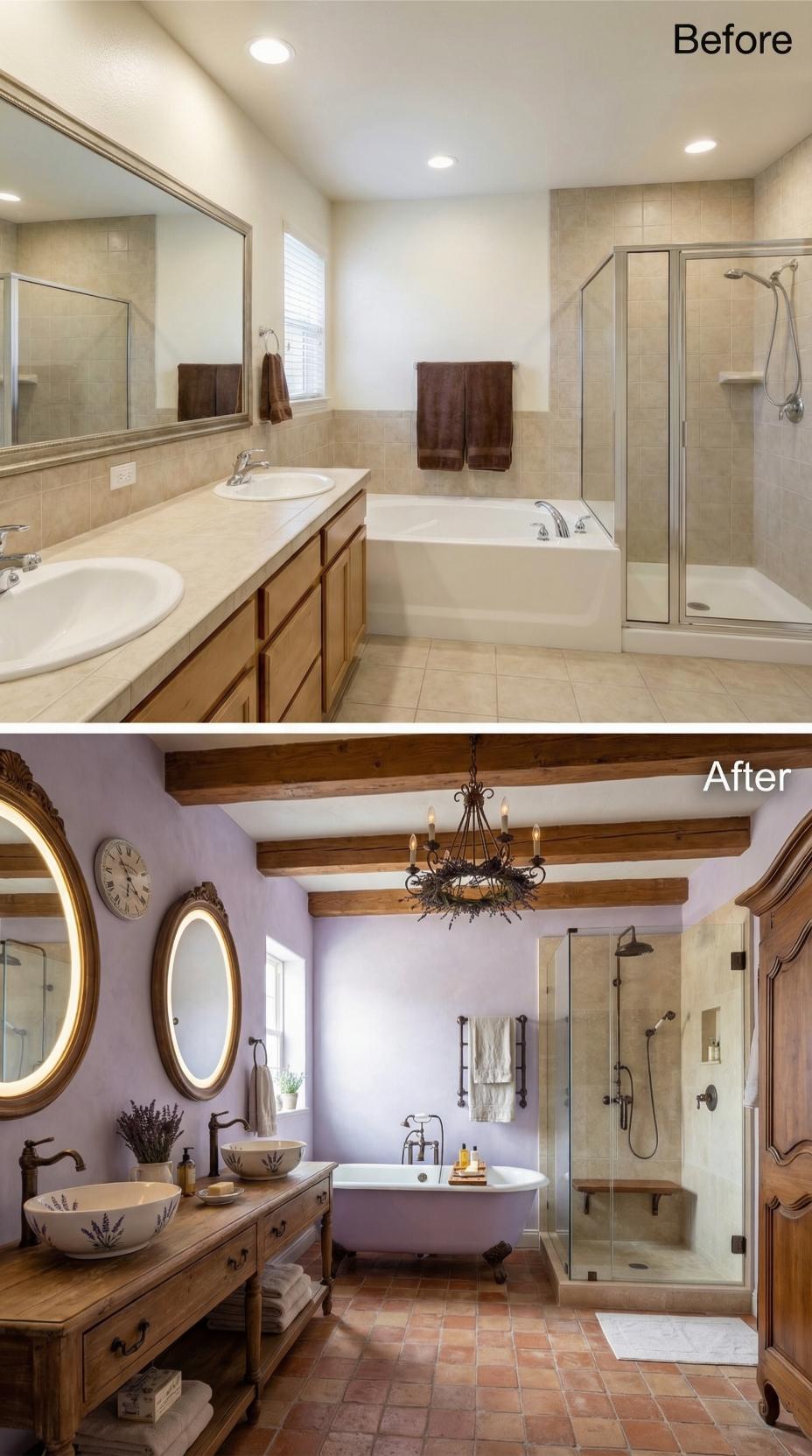 Lavender Plaster, Exposed Beams, and a Clawfoot Tub Replaced a Decade of Builder Beige