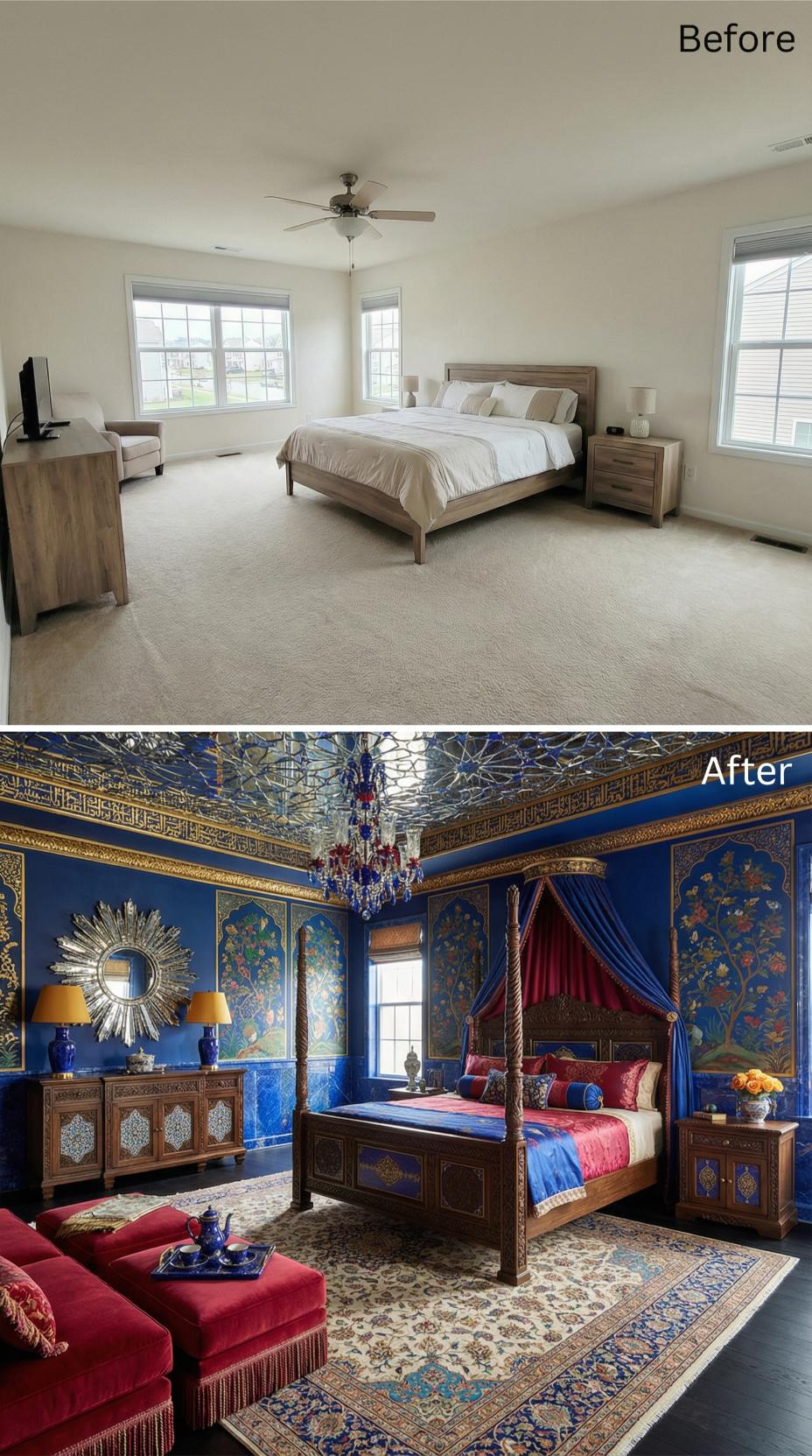 Royal Blue Walls, Mughal Floral Panels, and a Mirrored Ceiling That Earns Every Inch