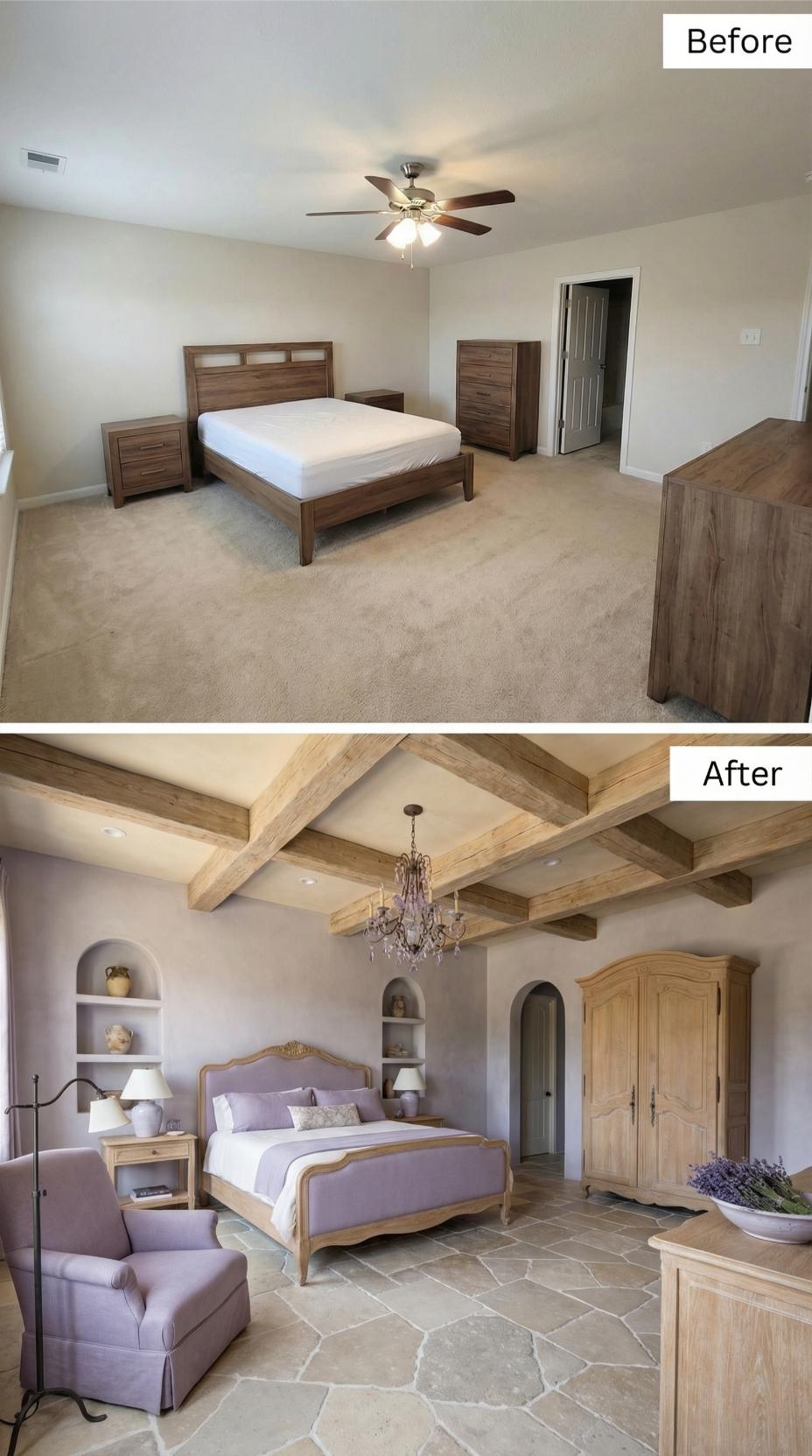 Exposed Wood Beams and Arched Alcove Niches Define French Country Escape