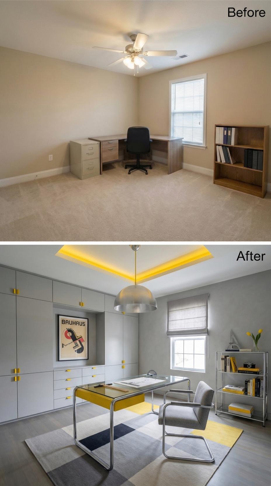 Bauhaus Desk with Yellow Drawer and Cove-Lit Tray Ceiling