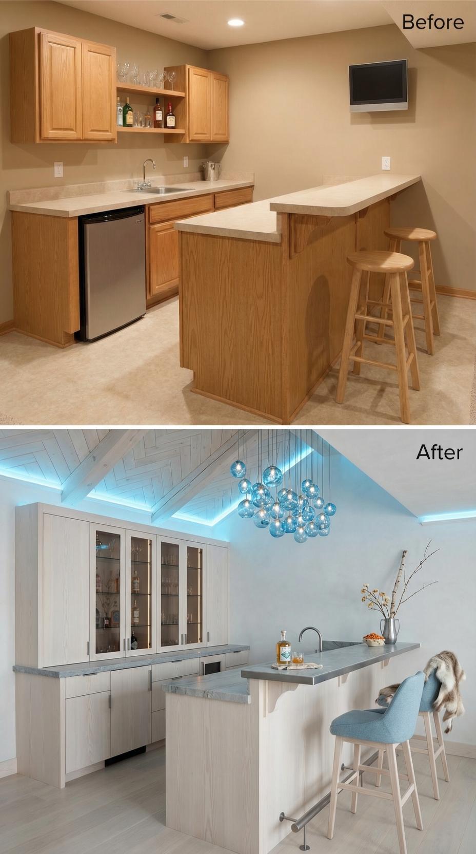 Whitewashed Shiplap and Blue LED Cove Lighting Replace Oak Bar