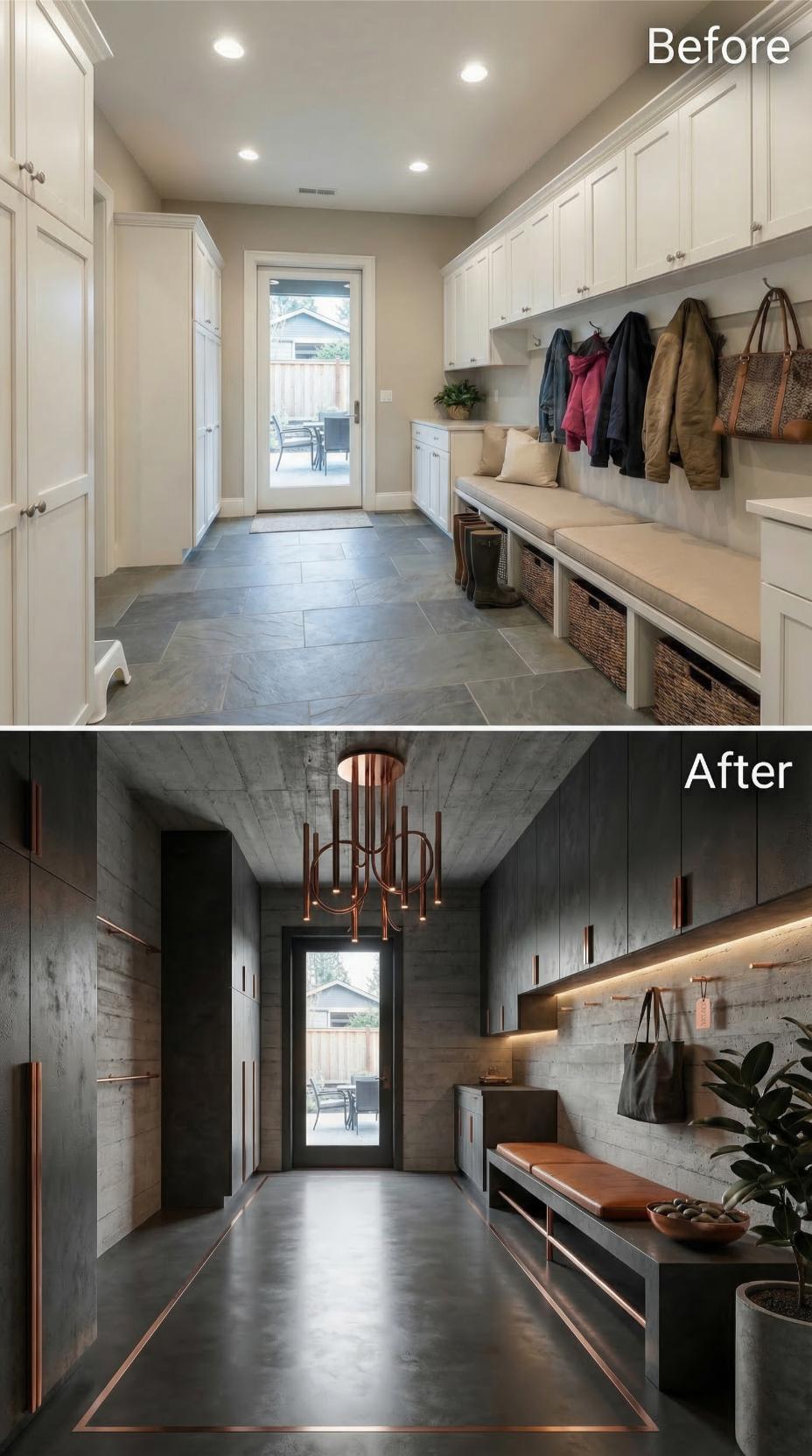 Concrete Panel Walls and Bronze Strip Lighting Erase White Cabinetry
