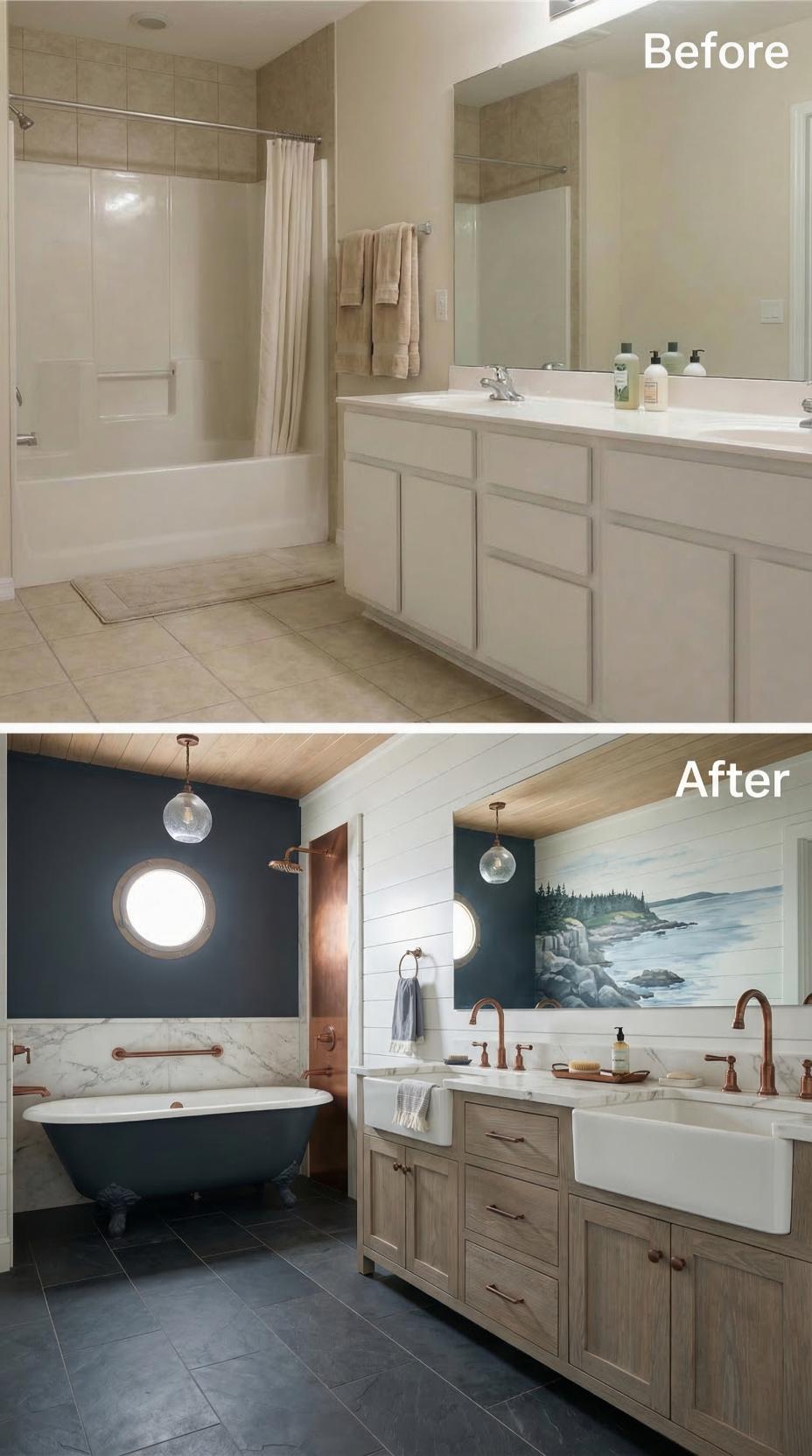 Navy Shiplap and Copper Fixtures Replace Builder-Grade Beige
