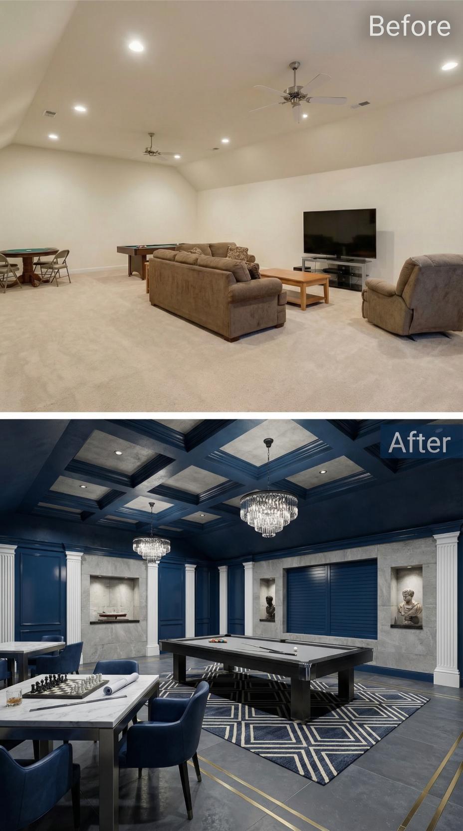 Navy Coffered Ceiling and Marble Niches in Neo-Classical Game Room