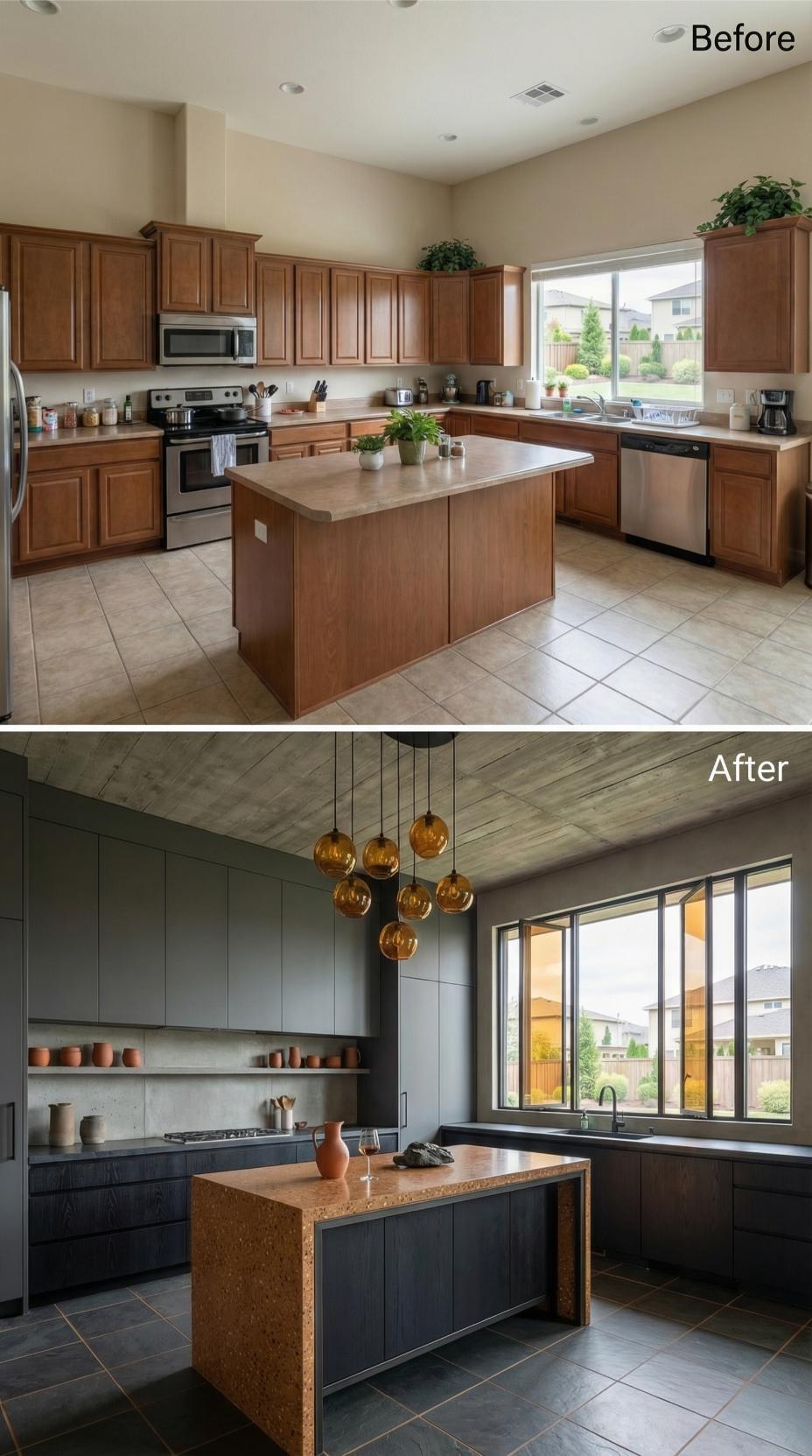Amber Globe Chandelier and Charcoal Vertical Paneling With Cork Island Surround