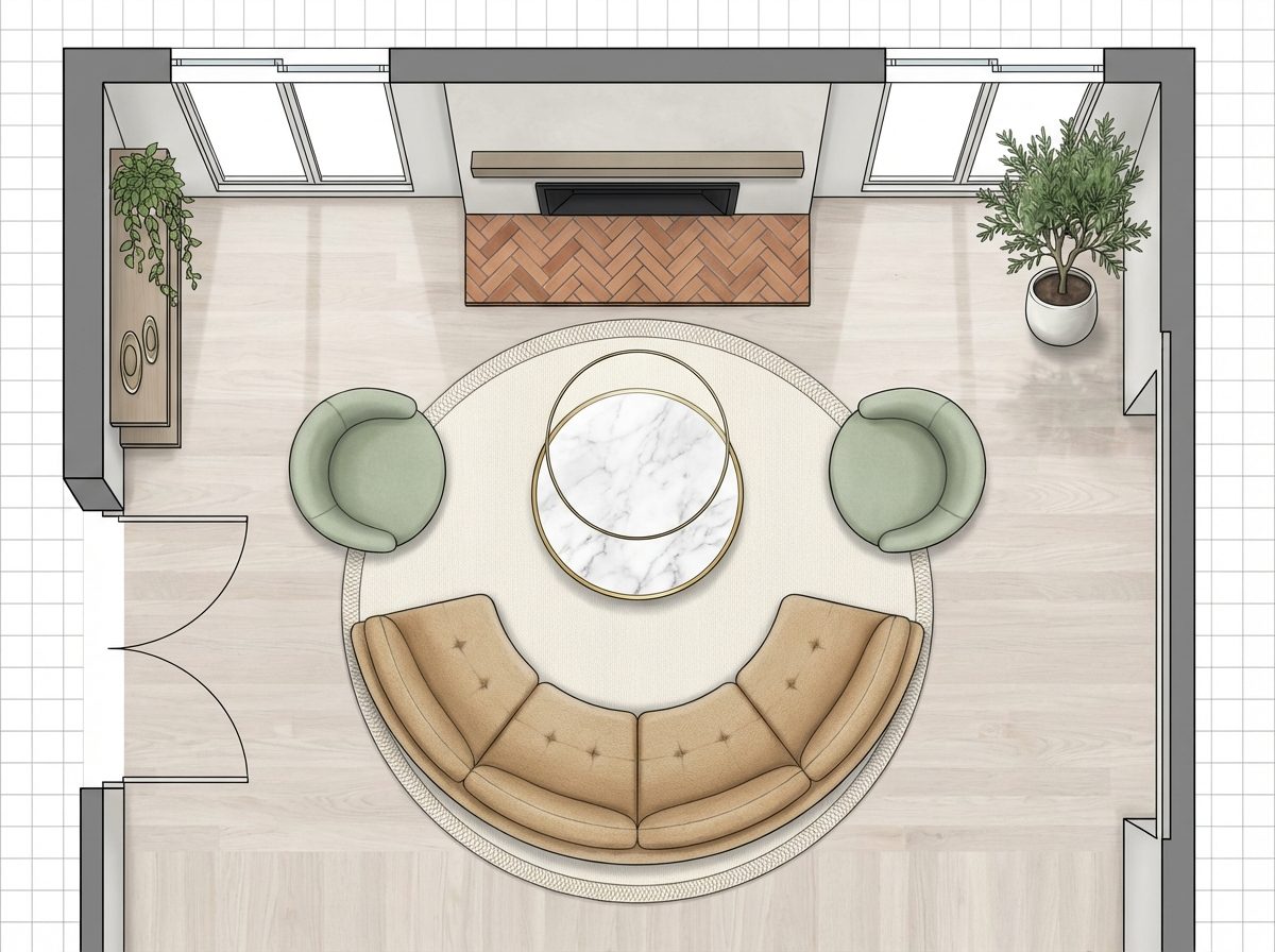 Herringbone Fireplace Hearth Focal Wall with Curved Sofa and Low Round Table