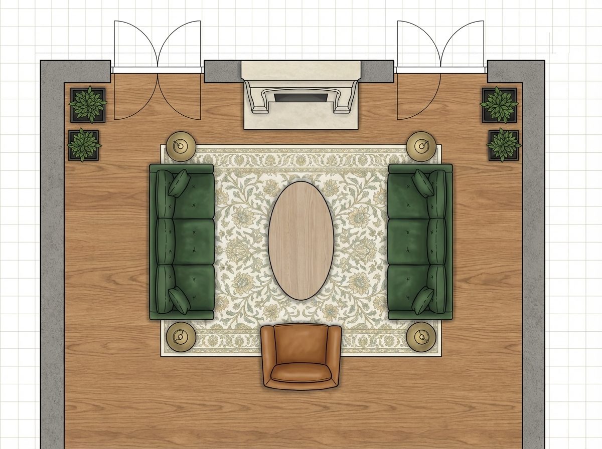 Rear Garden-Facing Living Room with Fireplace Centered and French Door Flanking