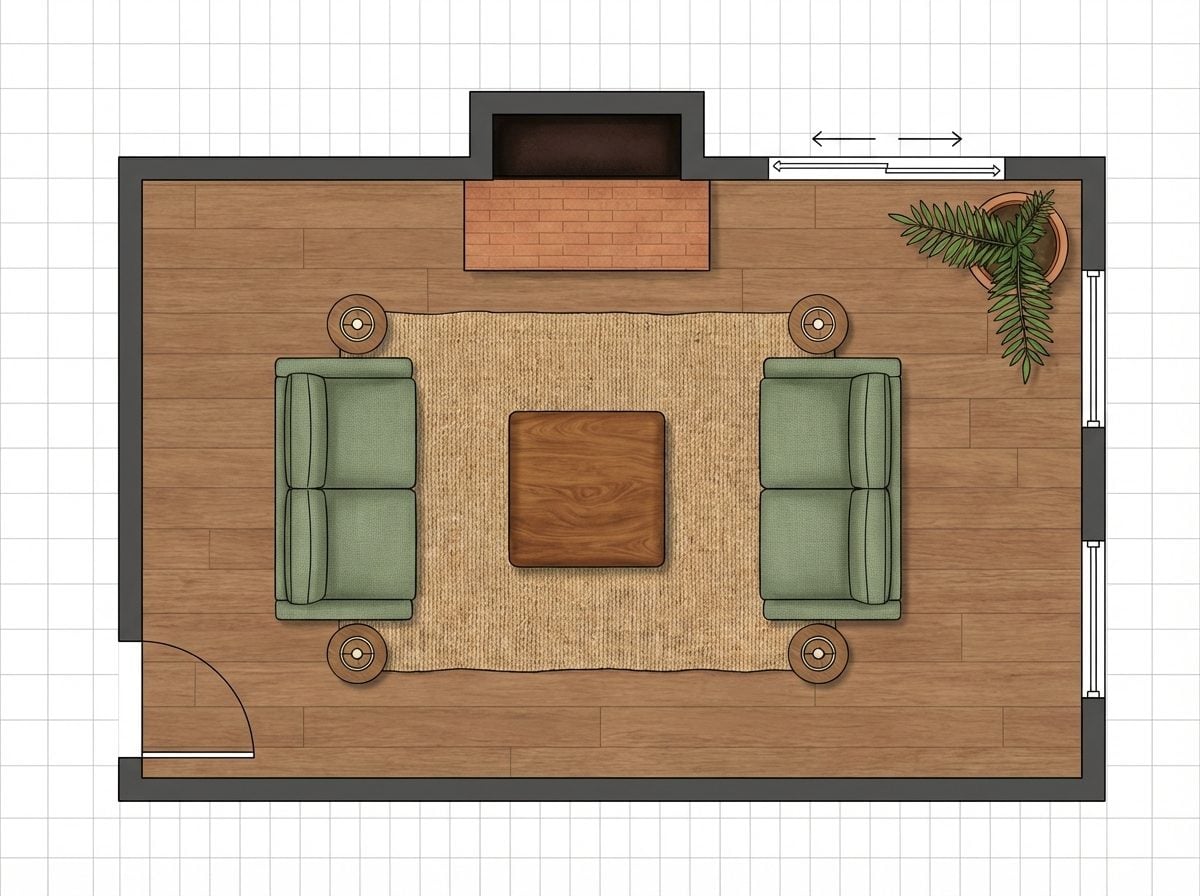 Twin Loveseats Facing Each Other Across a Hearth with Rear Sliding Door Access
