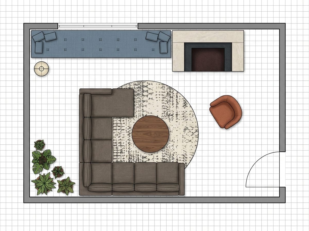Modular Sofa in L-Shape with Fireplace Off-Center Right and Built-In Window Bench Left