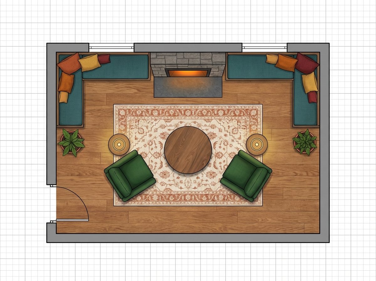 Double Armchairs Flanking Layout with Fireplace Centered and Built-In Banquette Along Rear Wall