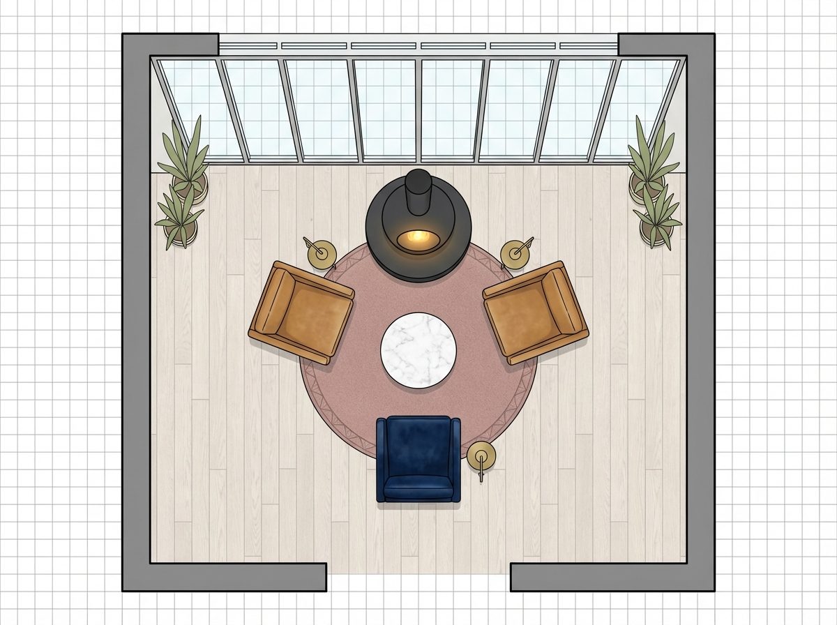 Three-Chair Conversation Triangle Around a Freestanding Fireplace with Floor-to-Ceiling Rear Windows