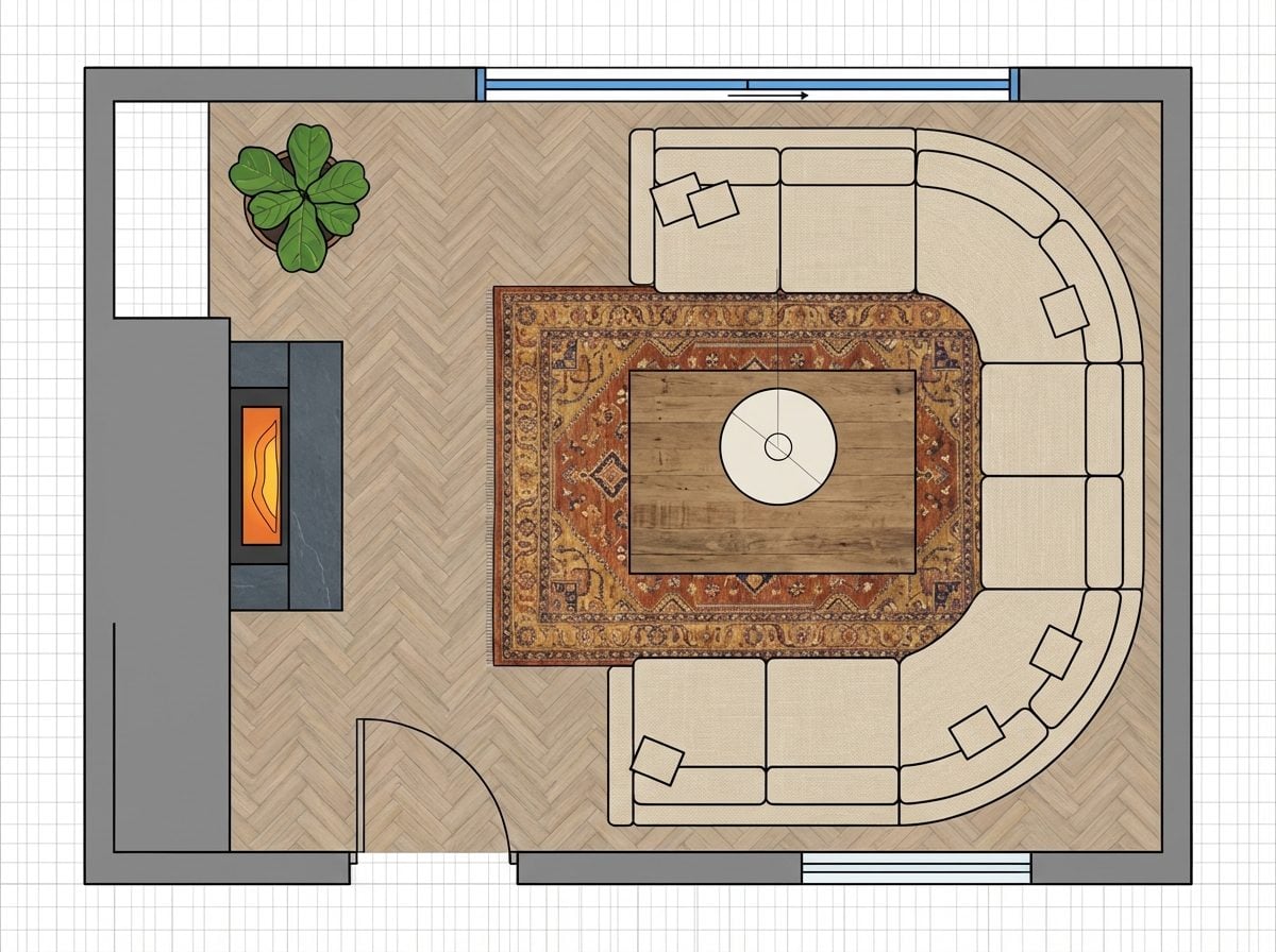 Wraparound Sofa with Fireplace on Side Rear Pier Wall and Sliding Glass Doors Opposite