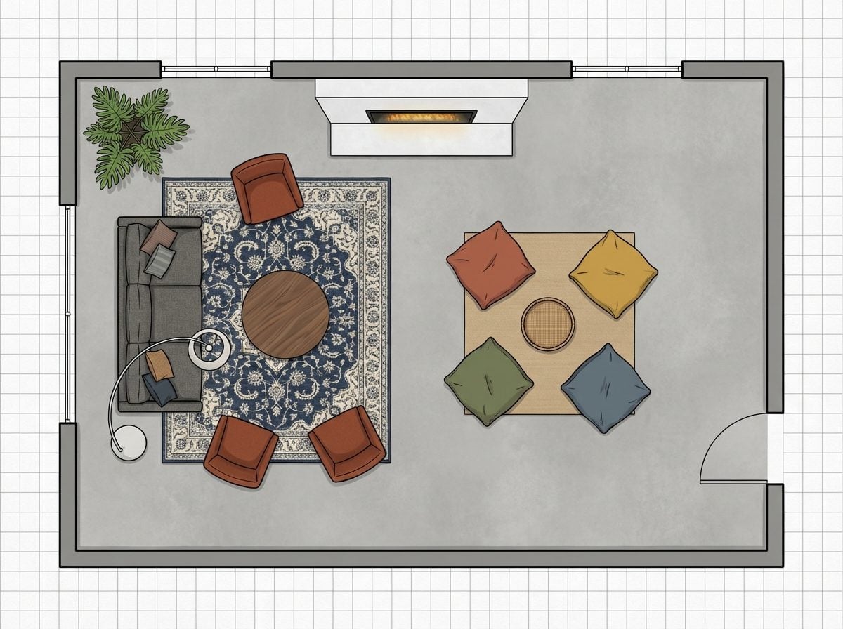 Back-to-Back Seating Zones with Fireplace on Rear Wall and Casual Floor Cushion Area Toward the Room Center
