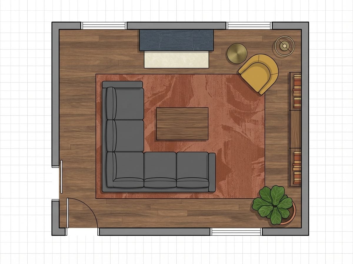 L-Shaped Sectional Angled Toward the Fireplace with Built-In Reading Corner