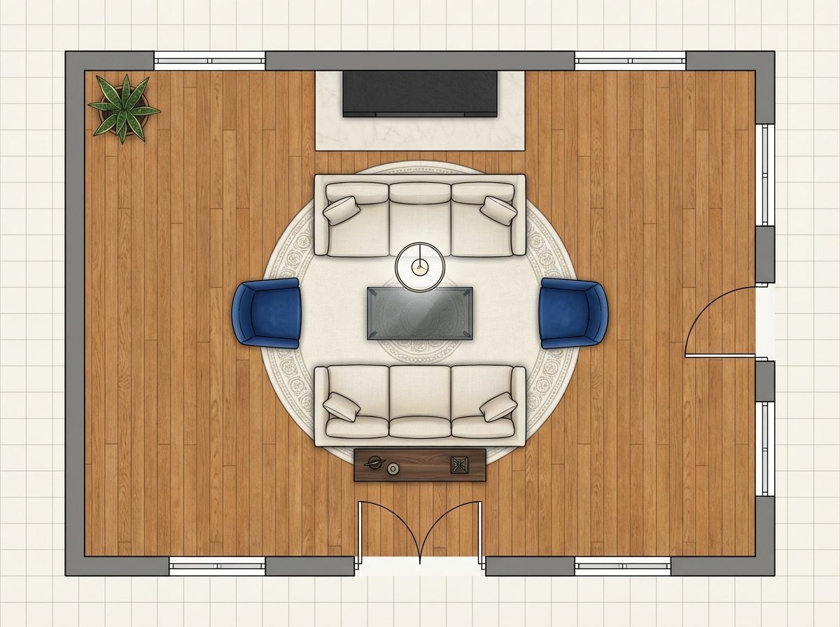 Dual-Sofa Floating Island with Fireplace as Back Wall and Open Rear Entry