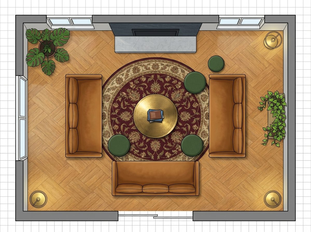 Conversation Pit Effect with Low Sofas, Sunken Rug Zone, and Rear Fireplace Wall