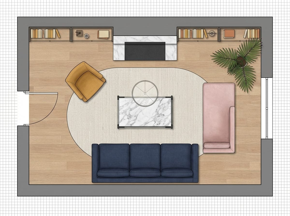 Fireplace Flanked by Built-In Shelving with Single Sofa and Chaise Pairing