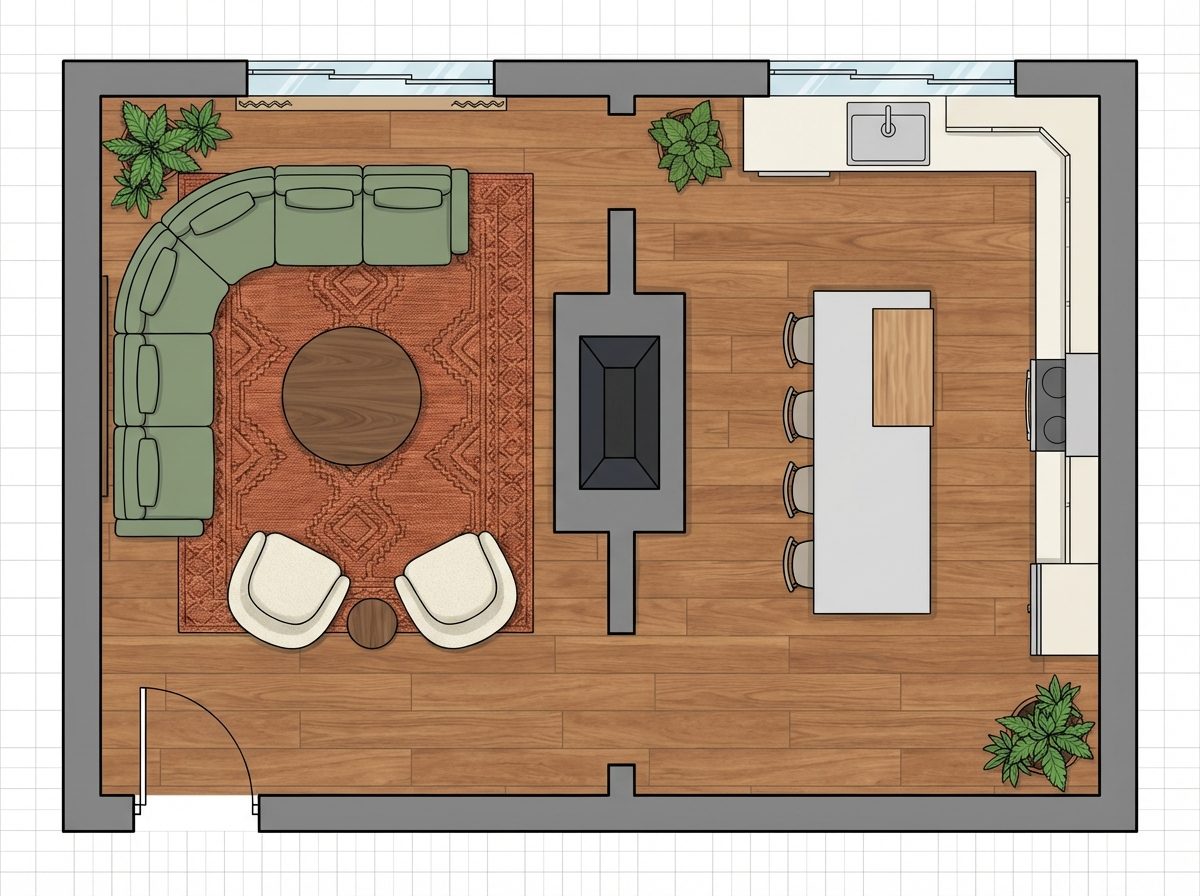 Open-Plan Rear Living Room with Fireplace Divider Wall and Kitchen Sightline