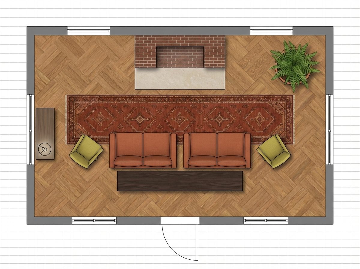 Narrow Rear Living Room with Fireplace End Wall and Side-by-Side Sofa Row