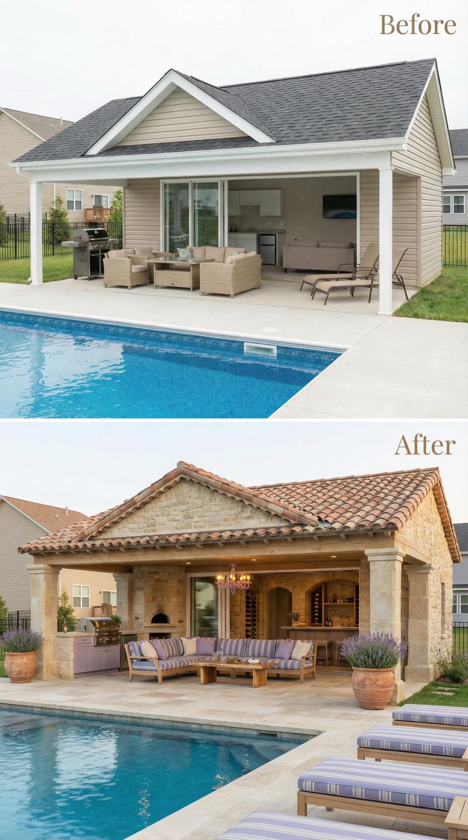 Clay Barrel Tiles and Stone Veneer Transform Covered Lounge