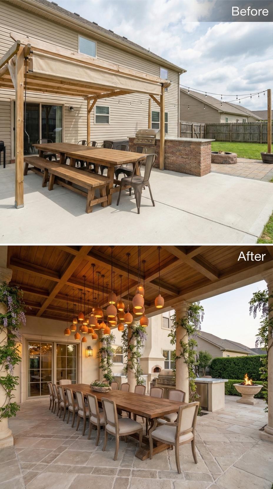 Concrete Slab to Travertine Herringbone and Suspended Pendant Cluster