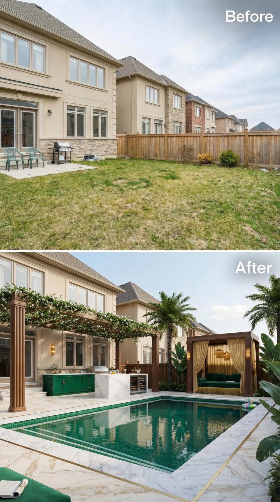 Patchy Grass Replaced by Marble Pool Deck, Green Cabinets, and a Draped Cabana
