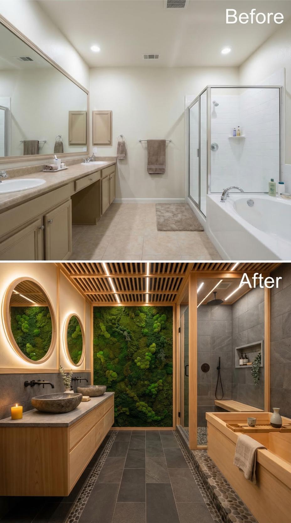 Beige Vanity Gone, Moss Wall and a Japanese Soaking Tub In