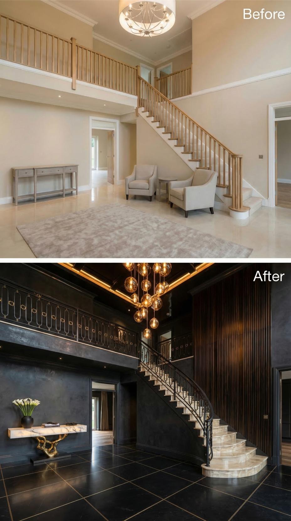 Warm Oak Balusters and Beige Walls Gave Way to Black Plaster, Wrought Iron, and Marble Treads