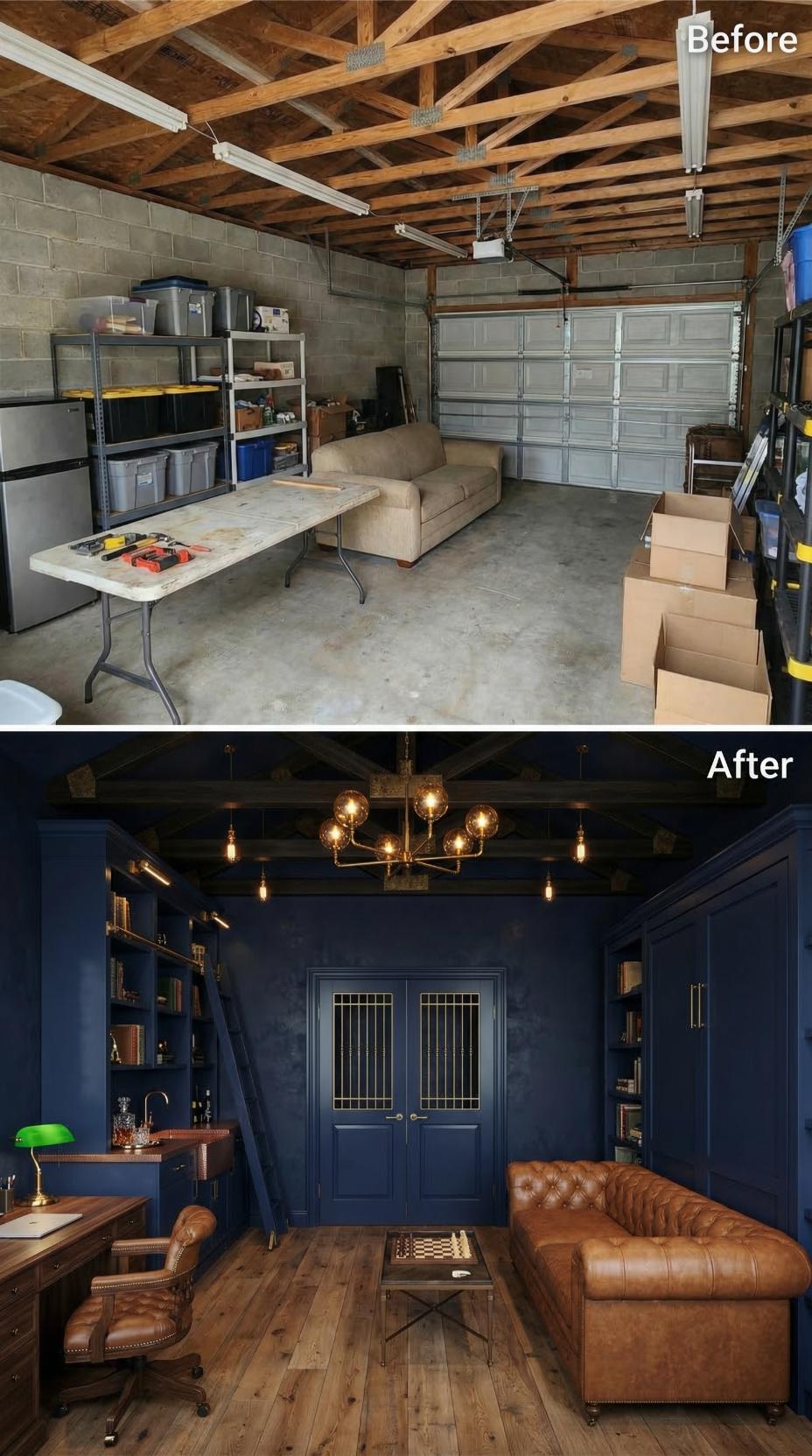 Garage Chaos to Navy Blue Gentleman's Study With Leather and Brass